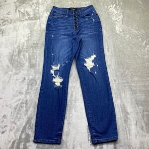 Judy‎ Blue Boyfriend Fit Distressed Button Fly Jeans Dark Women Sz 1/25 Fits 24"
